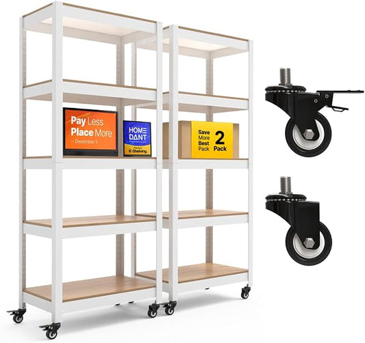 HOMEDANT House White 5-Tier Metal Rolling Cart Shelf Rack Casters Heavy Duty by TheBestOrganizingSolution