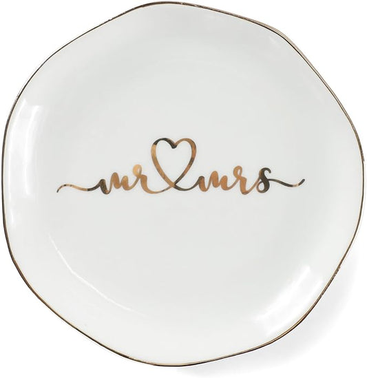 Mr.& Mrs Wedding Ring Dish-Jewelry Dish Tray-Ceramic White by VINCOMIC