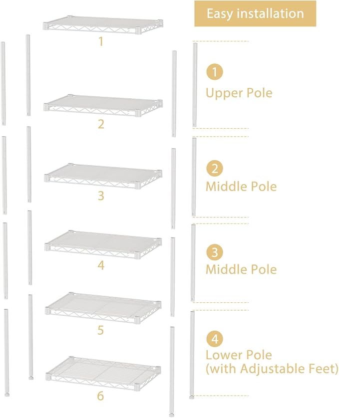 SINGAYE 6 Shelves Storage Shelf Wire Closet Bathroom Organizers Metal Pantry - Image 3