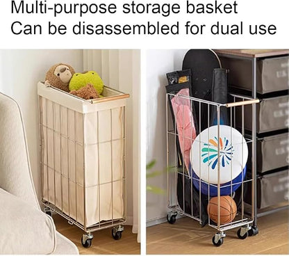 Rolling Laundry Cart with Baskets, Stainless Steel Hamper with Wheels, Slim - Image 3