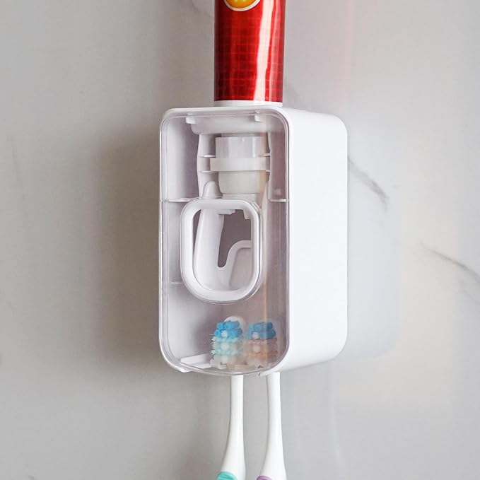 2 Slot Toothbrush Holder and Toothpaste Dispenser Wall Mounted, Automatic by LUEXBOX