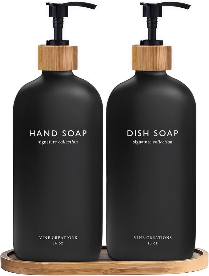 Vine Creations Black Glass Soap Dispenser Set, Hand Soap and Dish Soap by VineCreations