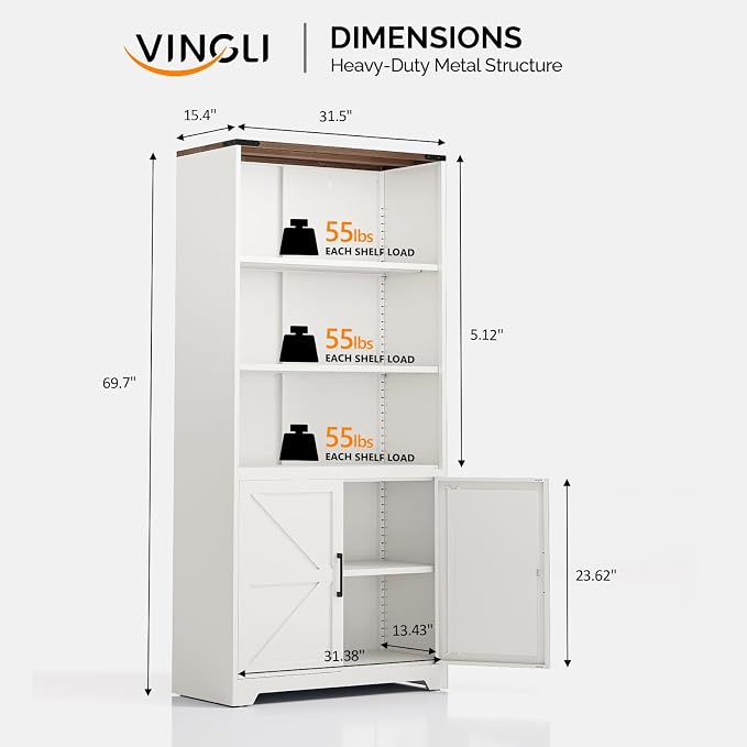 VINGLI Bookcase with Doors and Adjustable Shelves, Steel 70" Tall Bookshelf - Image 3
