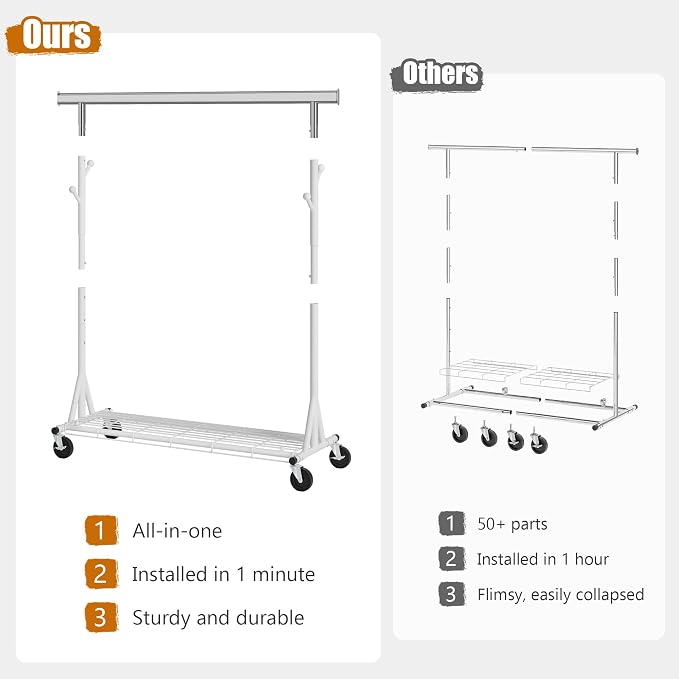 Heavy Duty Clothes Rack, 530 lbs Load Capacity Metal Garment Rack on Wheels - Image 3