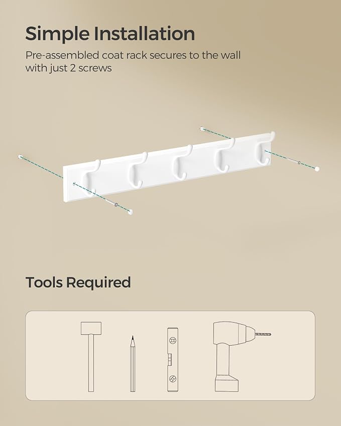 SONGMICS Wall-Mounted Coat Rack, Hook Rack, 5 Dual Metal Hooks, - Image 5