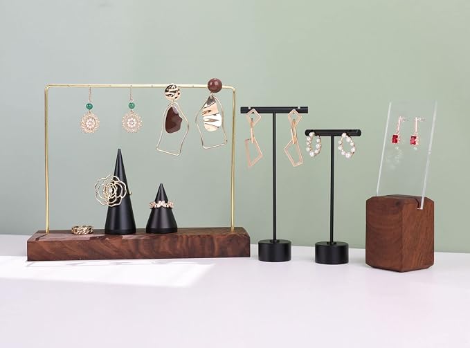 GemeShou Walnut Earring holder for selling, Brass earring stands and displays - Image 2