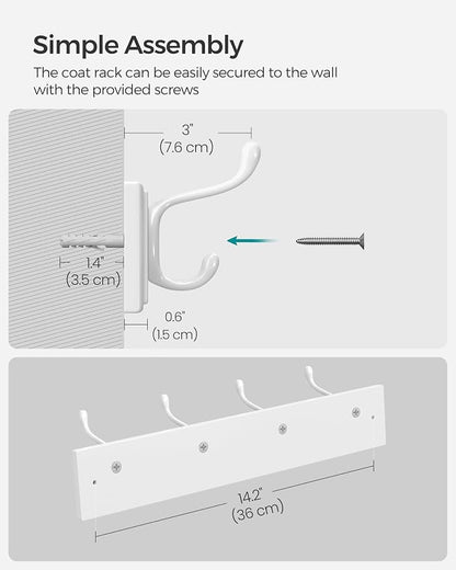 SONGMICS Wall-Mounted Coat Rack, Hook Rack, 4 Dual Metal Hooks, - Image 6