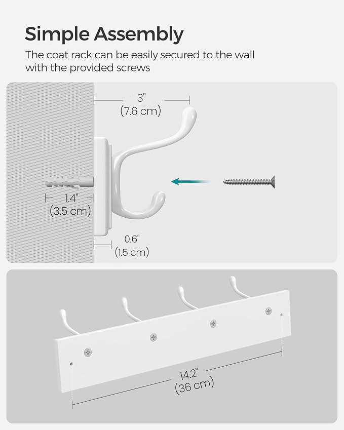 SONGMICS Set of 2 Wall-Mounted Coat Rack, Hook Rack, 8 Dual Metal Hooks - Image 6