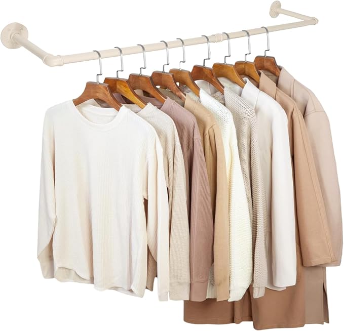 54" White Wall Mounted Clothes Rack, Industrial Pipe Iron Garment Bar, by Fobule