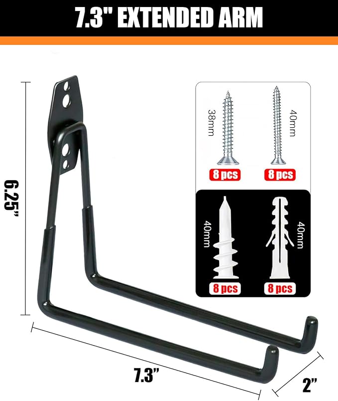 WMK 7.3'' Heavy Duty Garage Hooks, 4 Pack Wall Mount Garage Storage Hooks - Image 2