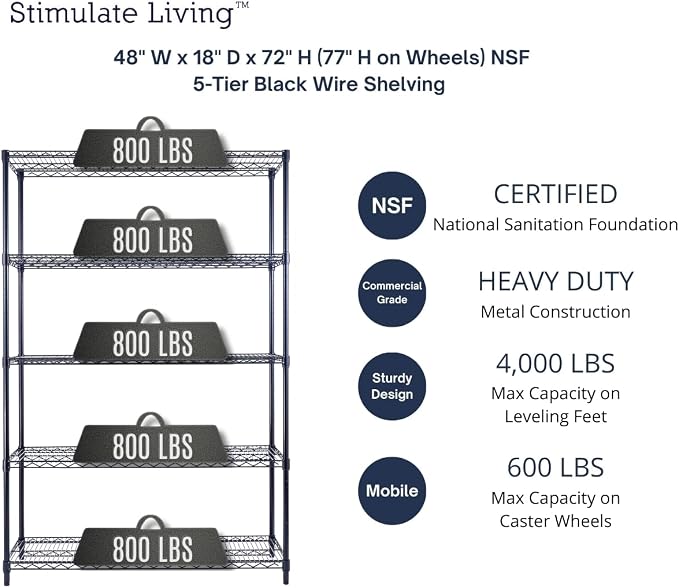 48"x18"x72" PRIME HEAVY DUTY Black 5-Tier Wire Shelving NSF 4000 LBS MAX - Image 3