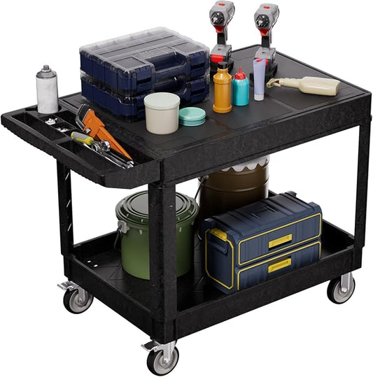 2 Tier Plastic Rolling Utility Cart on Wheels, Heavy Duty Tool Cart by Bettertoolsforbetterlife
