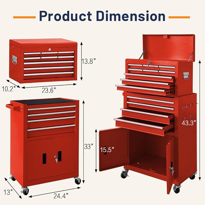 13-Drawer Double Door Rolling Tool Chest, 2 in 1 Detachable Tool Chest - Image 3