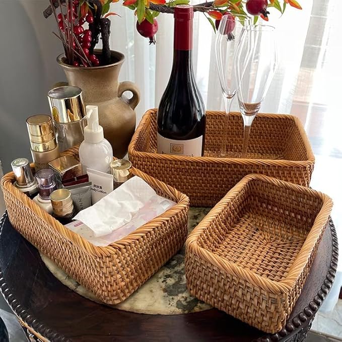 Natural Rattan Storage Baskets, Rectangular Woven Fruit Baskets, Decorative - Image 3