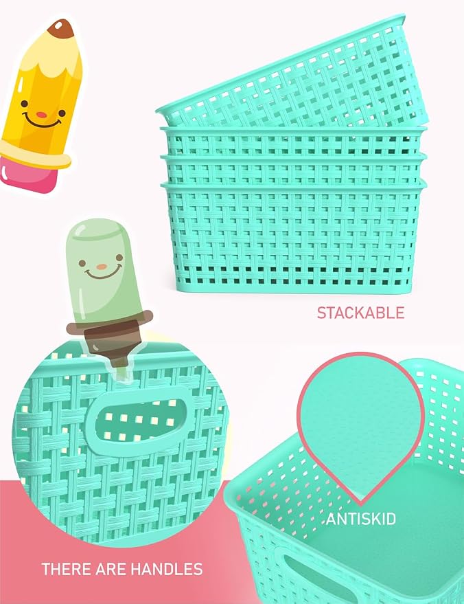 WYT 6-Pack Plastic Small Shelf Storage Weave Baskets Organizing - Image 3
