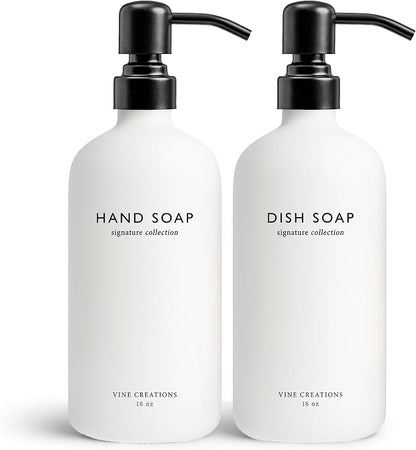 Vine Creations White Glass Soap Dispenser Set, Dish Soap and Hand Soap by VineCreations
