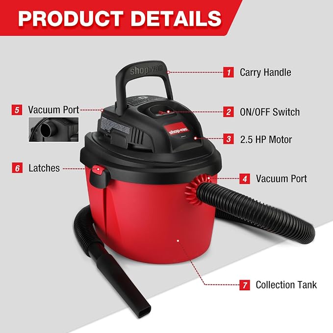 Shop-Vac 2.5 Gallon 2.5 Peak HP Wet/Dry Vacuum, Portable Compact Shop Vacuum - Image 4