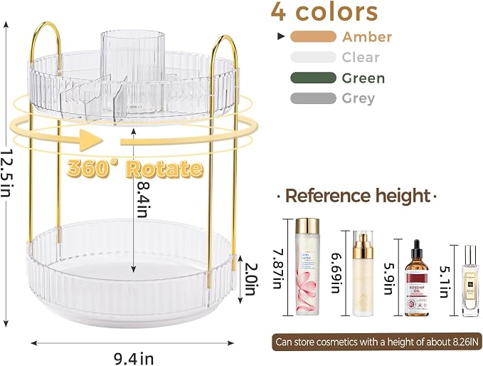 360° Rotating Makeup Organizer, Upgraded 2 Tier Skincare Perfume Organizers - Image 2