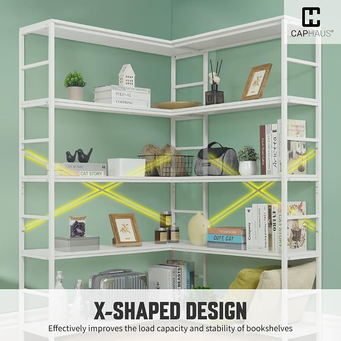CAPHAUS L-Shaped Bookshelf, 5 Tier Industrial Corner Bookcase, Tall Corner Shelf - Image 5