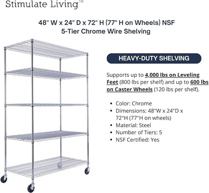 48"x24"x72" Prime Heavy Duty Chrome 5-Tier Steel Wire Shelving NSF 4000 LBS MAX - Image 4