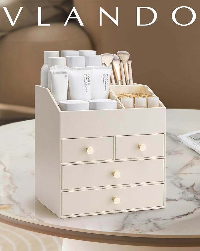 Vlando Makeup Organizer Countertop, Large Vanity Organizer PU Leather Make up - Image 8