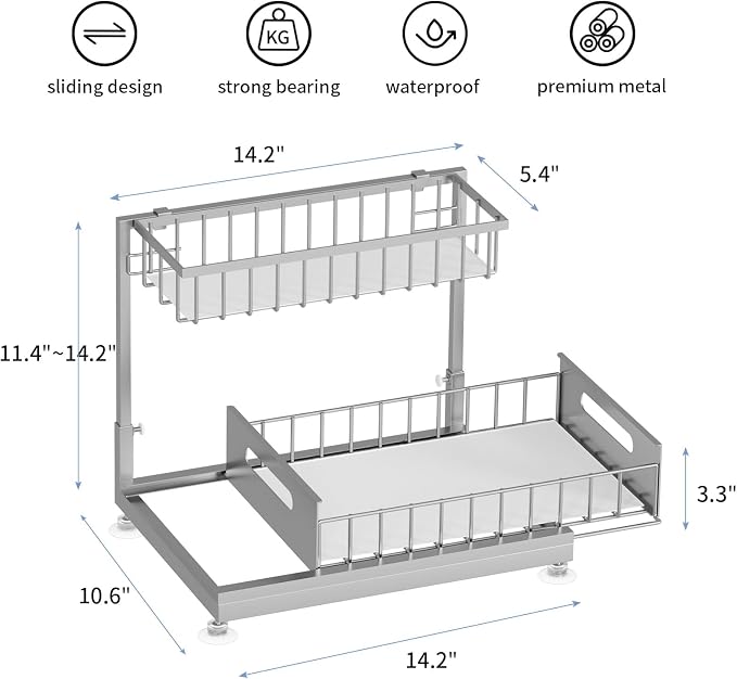 Under Sink Organizer Storage 2-Tier Premium Metal Pull-Out Racks, Height - Image 6