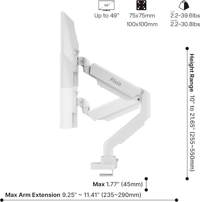 Pixio PS2S White Ultrawide Heavy-Duty Premium Single Monitor Arm Stand Desk - Image 4