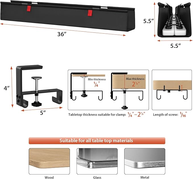 Univivi No Drill Under Desk Cable Management Tray, Clamp/Screw Mount Desk Cable - Image 4
