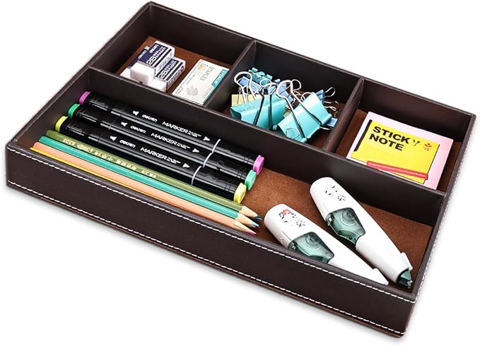 KINGFOM Pu Leather Desk Organizer Tray, 4 Compartment Office Storage Supplies - Image 5