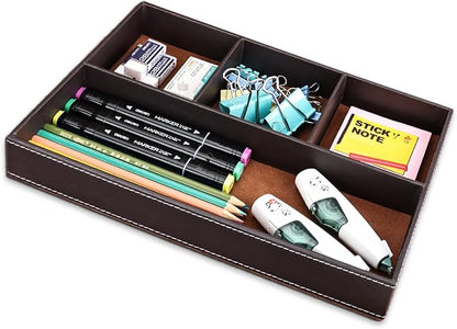 KINGFOM Pu Leather Desk Organizer Tray, 4 Compartment Office Storage Supplies - Image 5