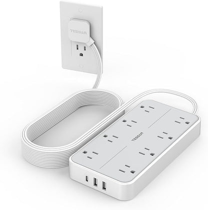 Flat Plug 15 FT Extension Cord, TESSAN Surge Protector Power Strip by TESSAN