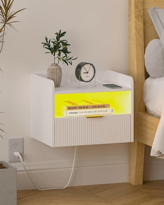 White Floating Nightstand with Charging Station and LED Lights by Unknown