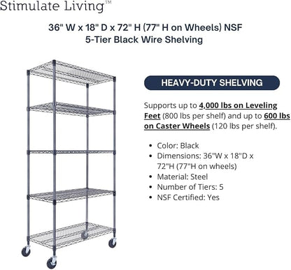 36"x18"x72" Prime Heavy Duty Black 5-Tier Wire Shelving NSF 4000 LBS MAX - Image 4