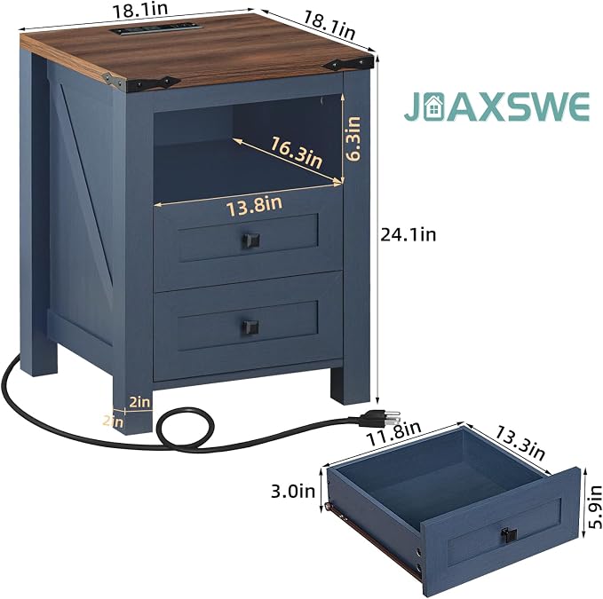 Nightstand with Charging Station, Farmhouse Night Stand with 2 Drawers and - Image 2