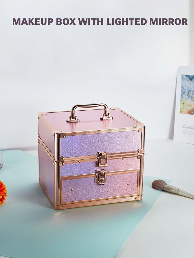 Qislee Makeup Box with Drawer and Four Trays, A Detachable Lighted Mirror - Image 7