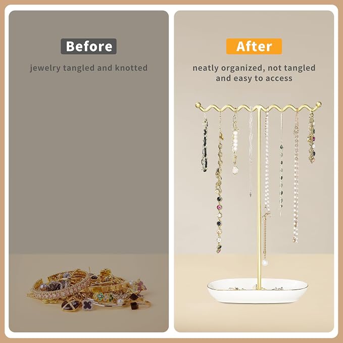 Elegant Jewelry Holder Stand: Metal Tree & Ceramic Tray Organizer - Image 3