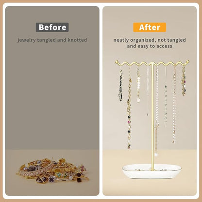 Elegant Jewelry Holder Stand: Metal Tree & Ceramic Tray Organizer - Image 3