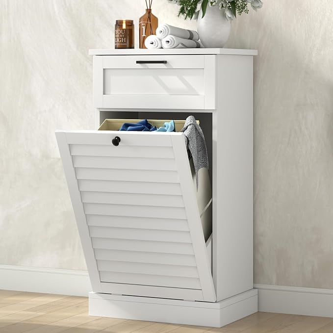Upgraded Tilt Out Laundry Hamper Cabinet, 15 Gallon Trash Can Cabinet by LOOMIEDirect