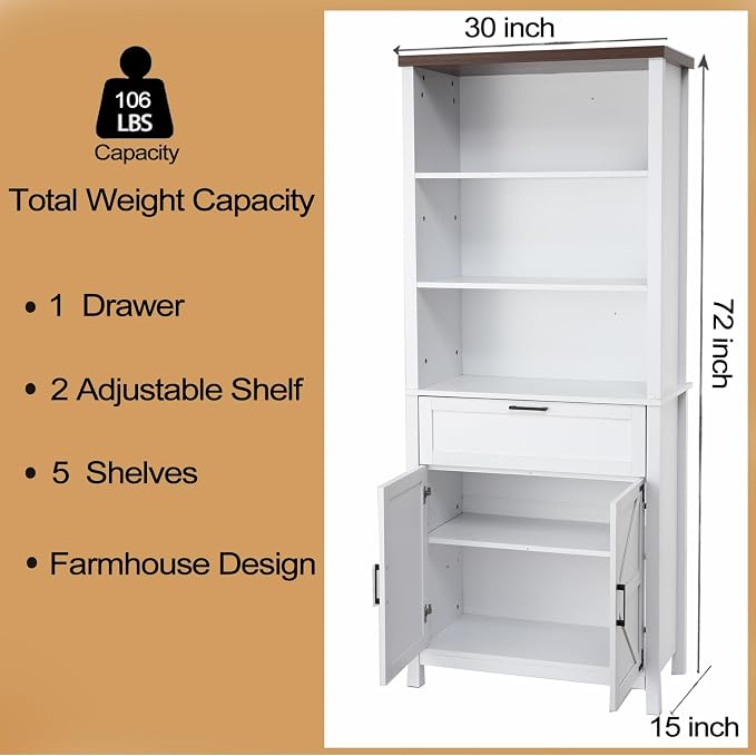GarveeHome Bookshelf with Doors, 6-Tire Farmhouse Storage Cabinet Bookcase - Image 2