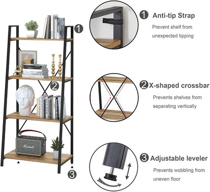 BON AUGURE Farmhouse Ladder Shelf Bookcase, 4 Tier Rustic Ladder Bookshelf - Image 5
