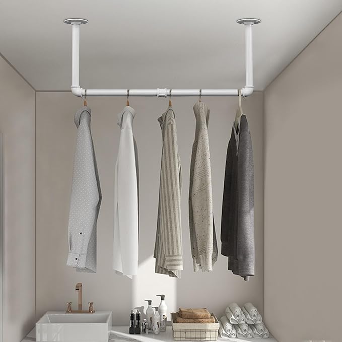 Industrial Iron Pipe Clothes Hanging Bar DIY Wall-Mounted Garment Rack Heavy - Image 6