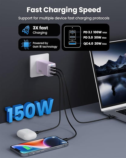 150W USB C Charger Block, GaN III Compact Foldable Wall Charger 3 Port Fast - Image 2