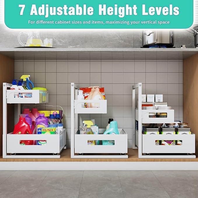 Under Sink Organizer Adjustable Height 2 Tier Bathroom Organizer Pull Out - Image 4