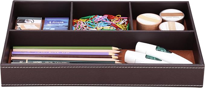 KINGFOM Pu Leather Desk Organizer Tray, 4 Compartment Office Storage Supplies - Image 7