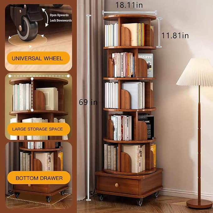 Rotating 360° Corner Bookshelf, 6-Tier Wood Bookcase - Image 5