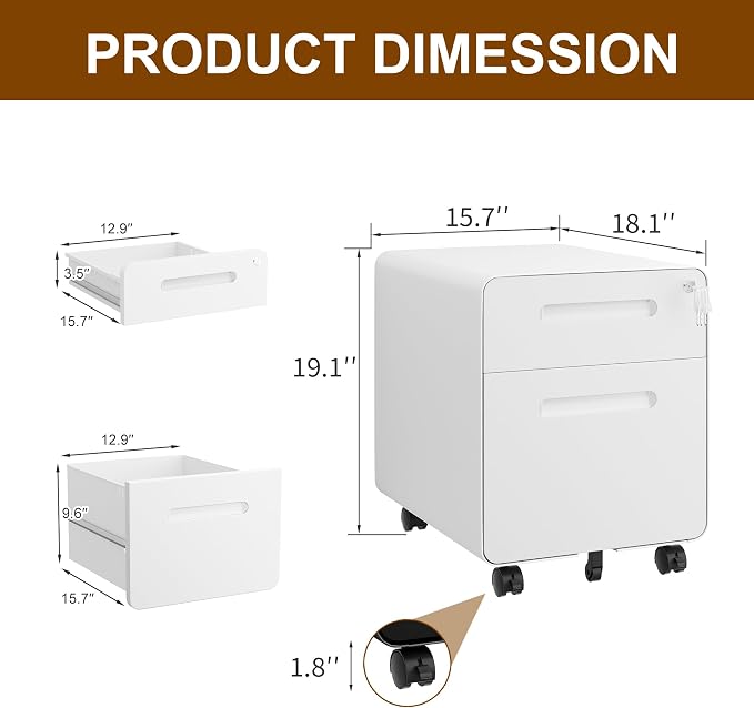 2 Drawer File Cabinet with Lock and 4 Keys, Mobile Metal Filing Cabinet - Image 3