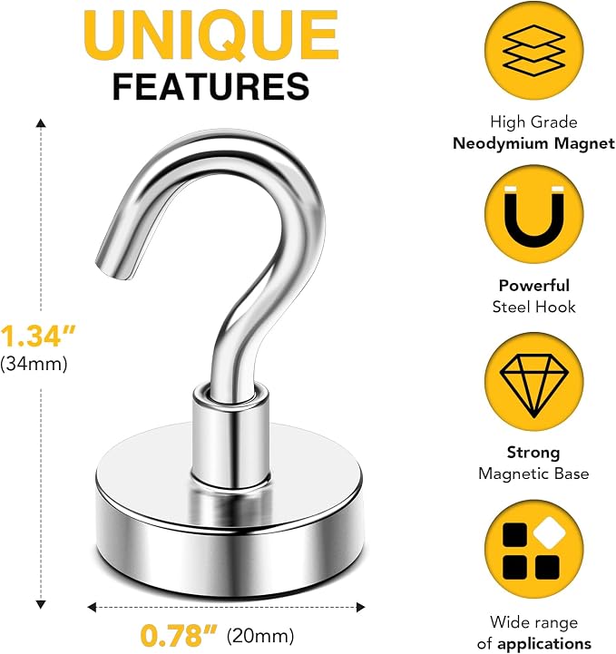 DIYMAG Magnetic Hooks, 50 LB Heavy Duty Magnets, 6 Packs Strong Rare Earth - Image 2
