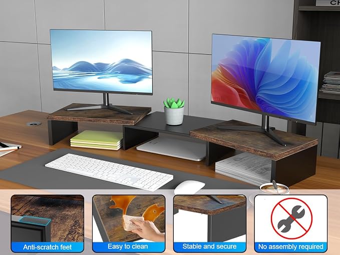 Dual Monitor Stand for Desk, Wooden Monitor Riser, Desk Shelf for Top of Desk - Image 6