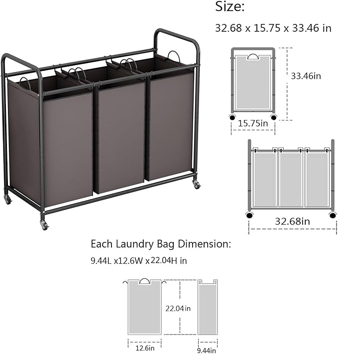 LINZINAR 3-Bag Laundry Sorter, Laundry Hamper Cart - Image 5
