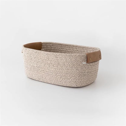 Small Cotton Woven Basket with PU Leather Handle, Baby Kids Clothes Toys Candy by SOORXIEIN